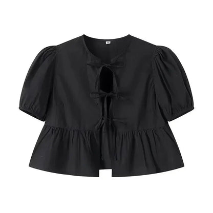 Fudus | Bluse Schleifenbindung Rückseite Mode Designer Puffärmel T-shirts