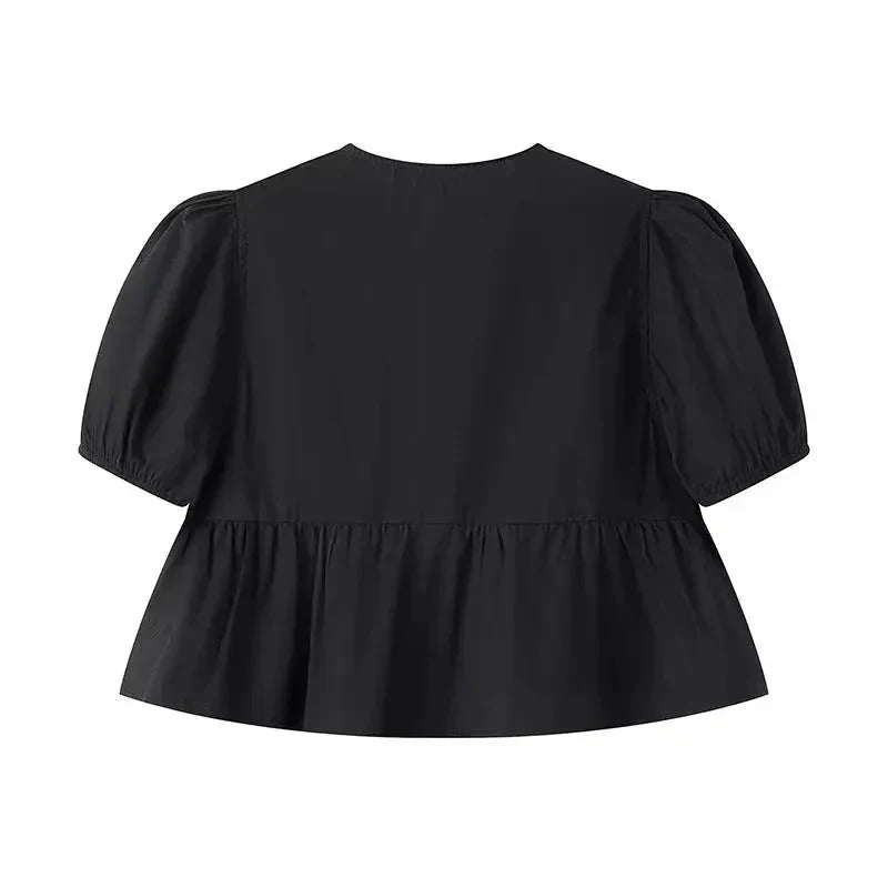 Fudus | Bluse Schleifenbindung Rückseite Mode Designer Puffärmel T-shirts
