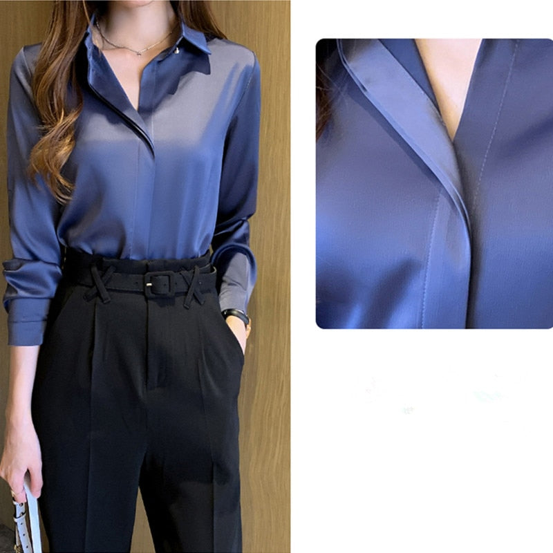 Fudus | Bluse Mode Designer Büro Satin Langarm Oberteile