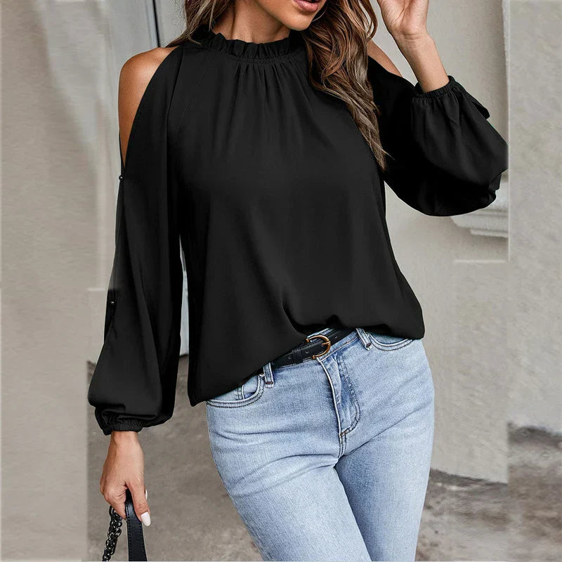 Fudus | Chiffon Bluse Mode Designer Cold Shoulder Langarm Tops