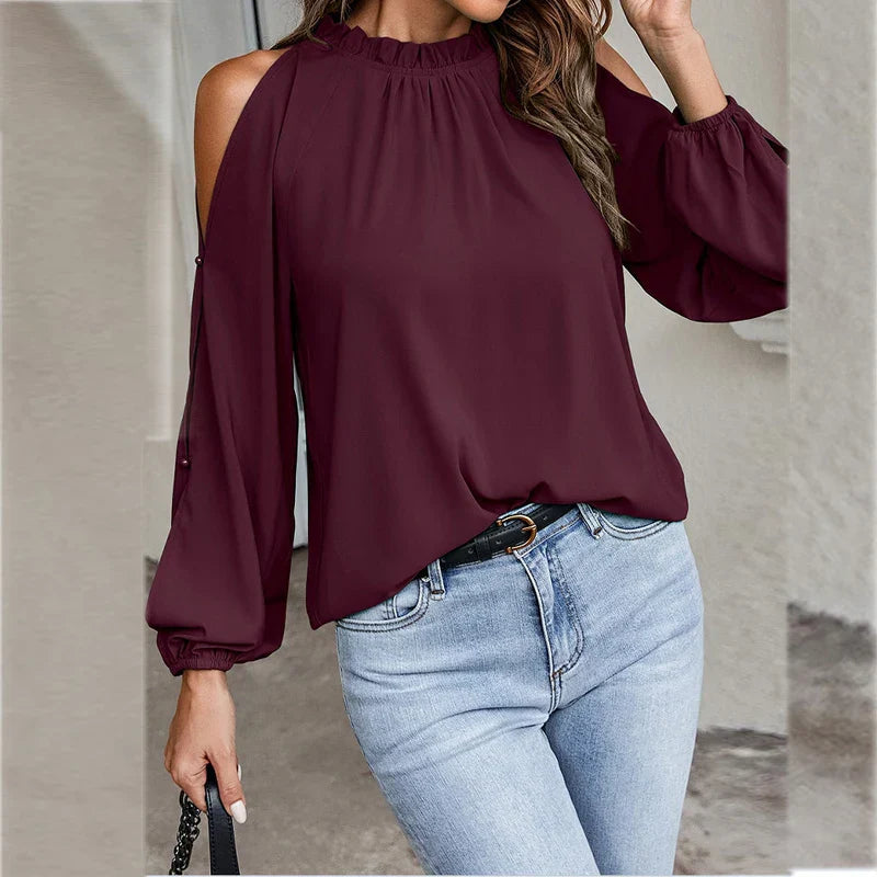 Fudus | Chiffon Bluse Mode Designer Cold Shoulder Langarm Tops