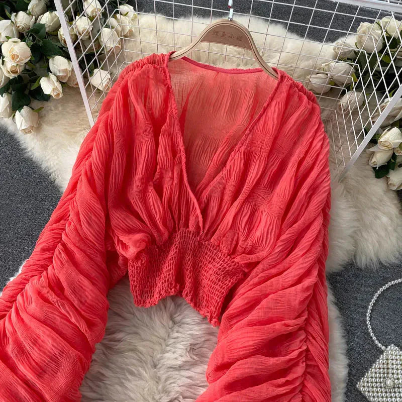 Fudus | Chiffon Rüschemode Designer Blusen Super Lange Ärmel Tops