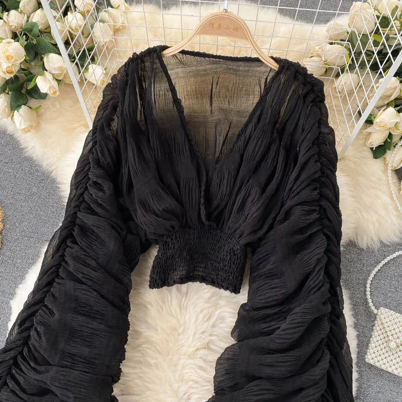 Fudus | Chiffon Rüschemode Designer Blusen Super Lange Ärmel Tops