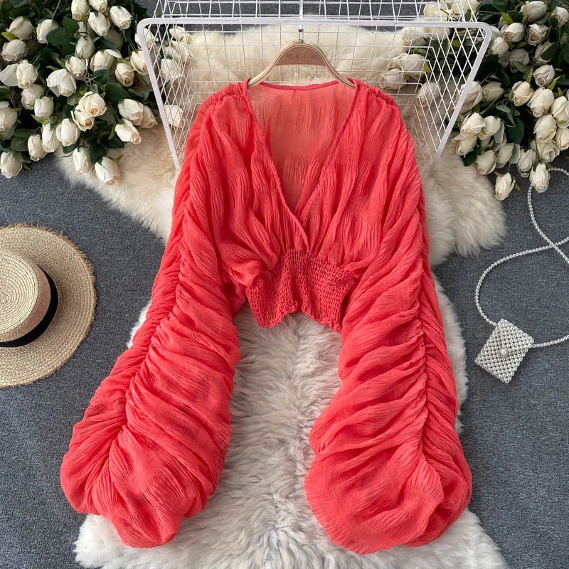 Fudus | Chiffon Rüschemode Designer Blusen Super Lange Ärmel Tops