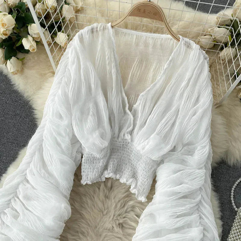Fudus | Chiffon Rüschemode Designer Blusen Super Lange Ärmel Tops