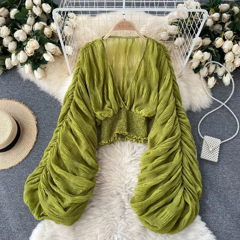 Fudus | Chiffon Rüschemode Designer Blusen Super Lange Ärmel Tops