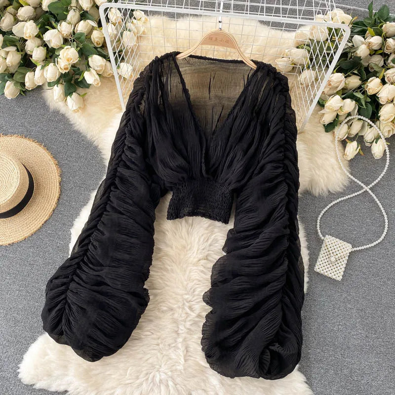 Fudus | Chiffon Rüschemode Designer Blusen Super Lange Ärmel Tops