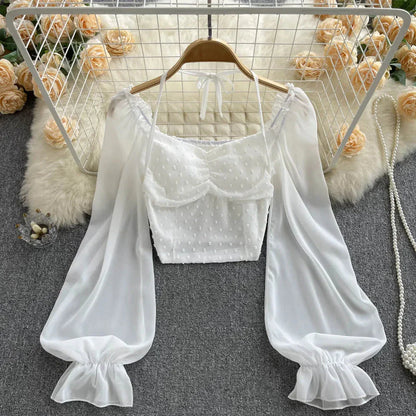 Fudus | Lantern Ärmel Schulterfrei Mode Designer Langarm Tops