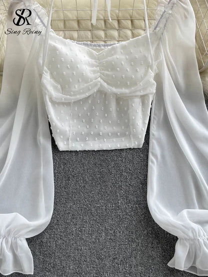 Fudus | Lantern Ärmel Schulterfrei Mode Designer Langarm Tops