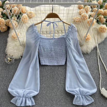 Fudus | Lantern Ärmel Schulterfrei Mode Designer Langarm Tops