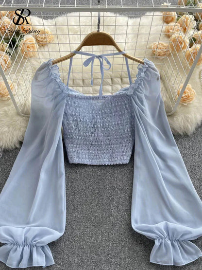 Fudus | Lantern Ärmel Schulterfrei Mode Designer Langarm Tops