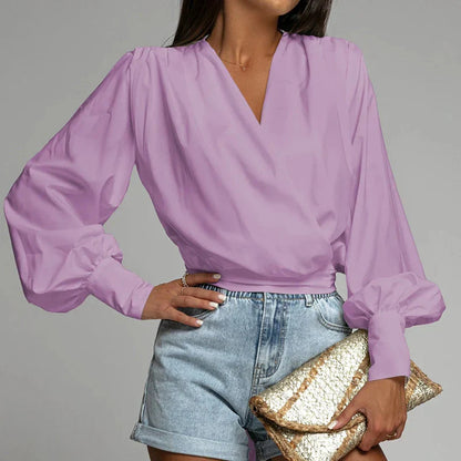 Fudus | V Neck Bluse Mode Designer Knopf Laterne Langarm Tops
