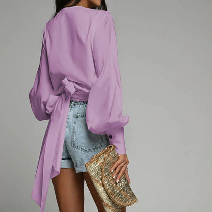 Fudus | V Neck Bluse Mode Designer Knopf Laterne Langarm Tops